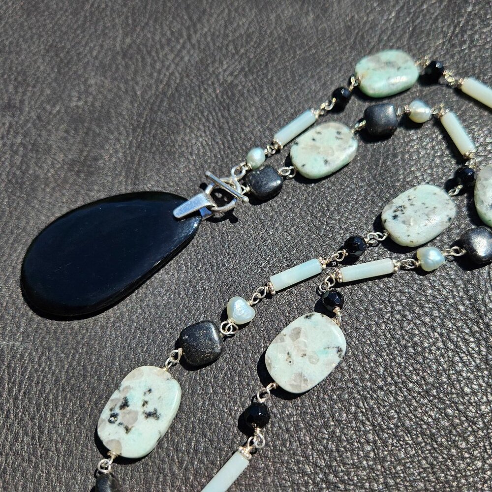 Black Onyx and Blue Amazonite Sterling Silver Necklace